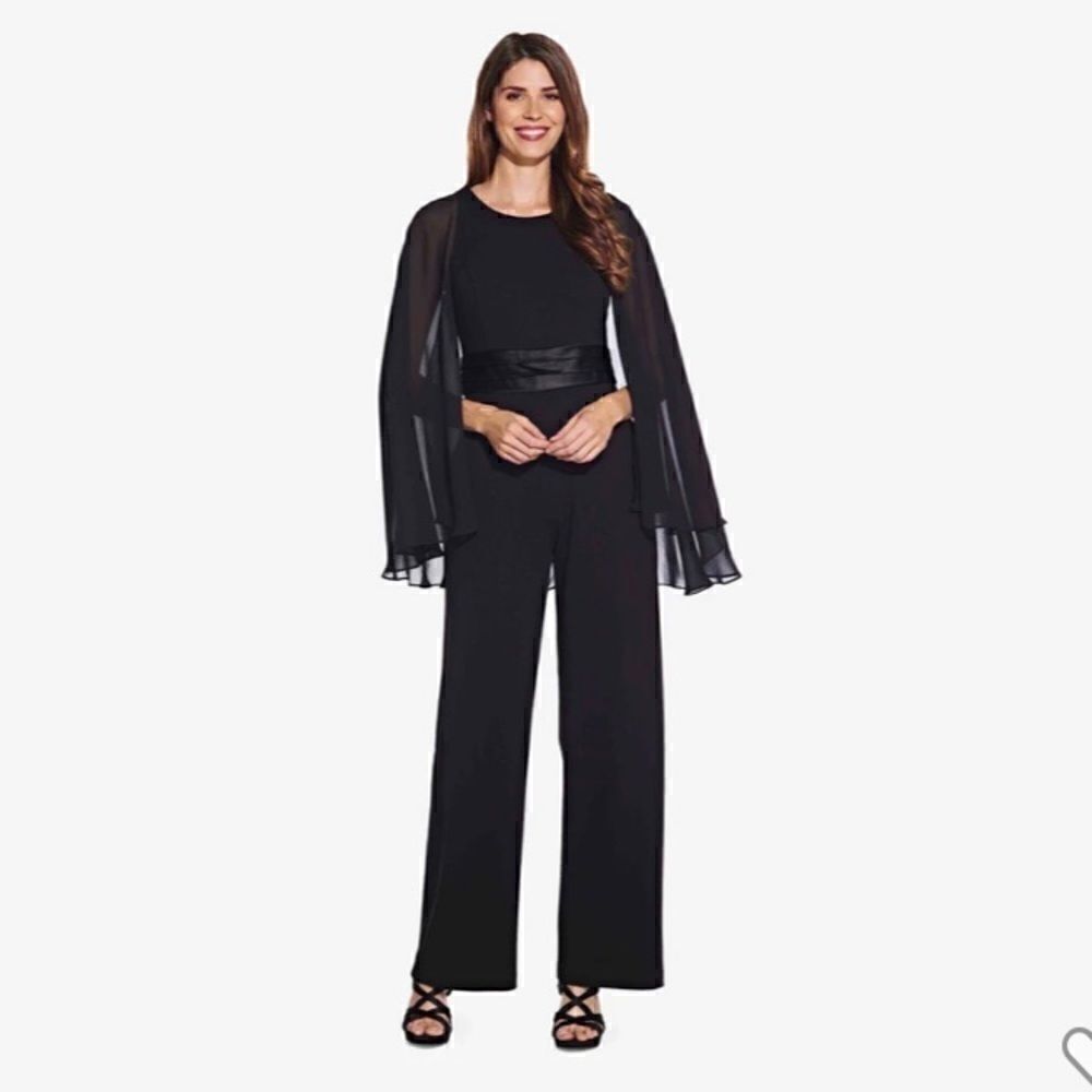 Adrianna Papell black cape jumpsuit with belted waist- size 4 NWT - Picture 2 of 10